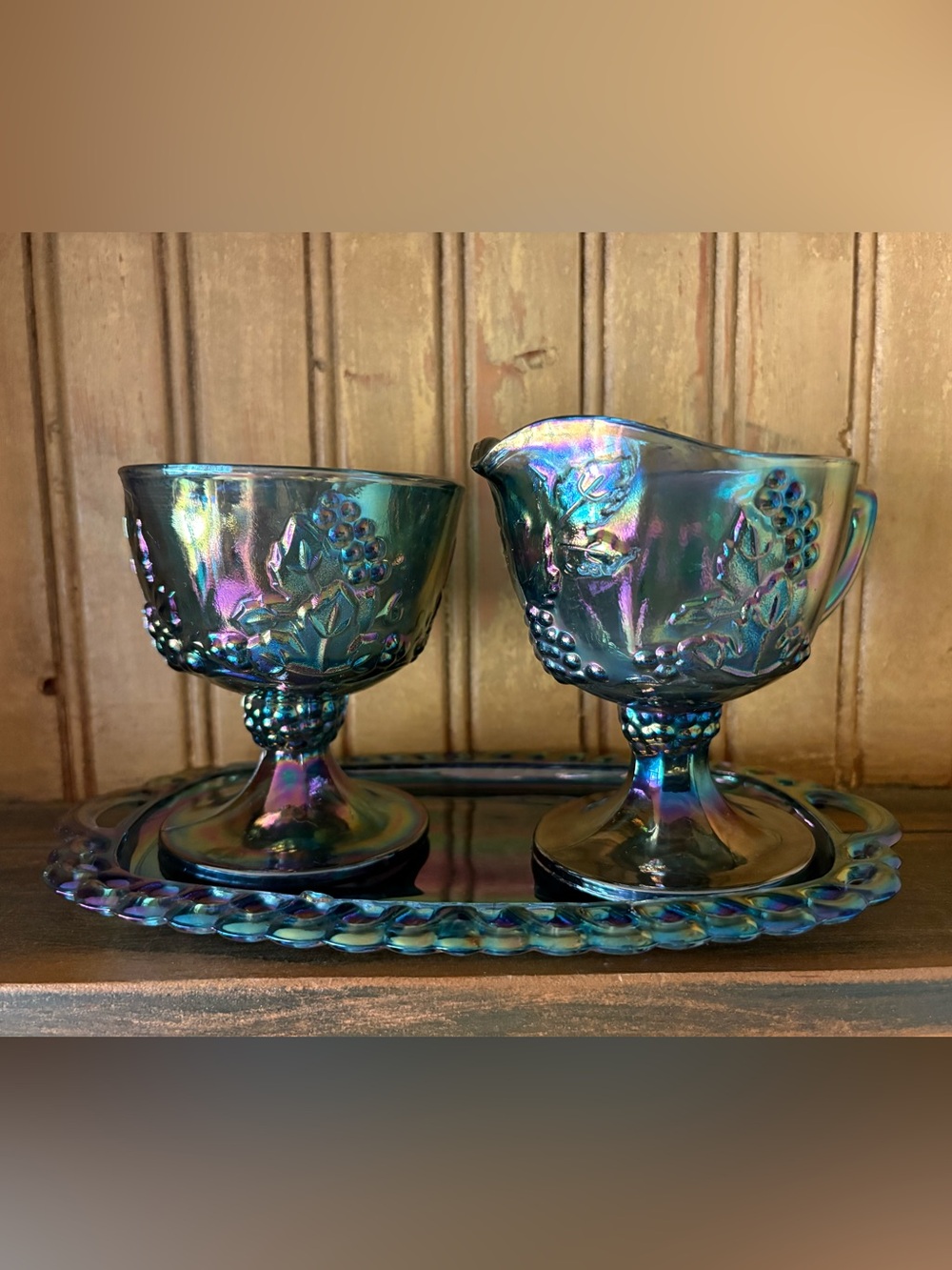 Vintage Indiana Glass Blue Carnival Glass Cream & Sugar Set with Tray
